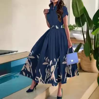 Women's shirt collar large swing positioning flower print short sleeve button dress with belt