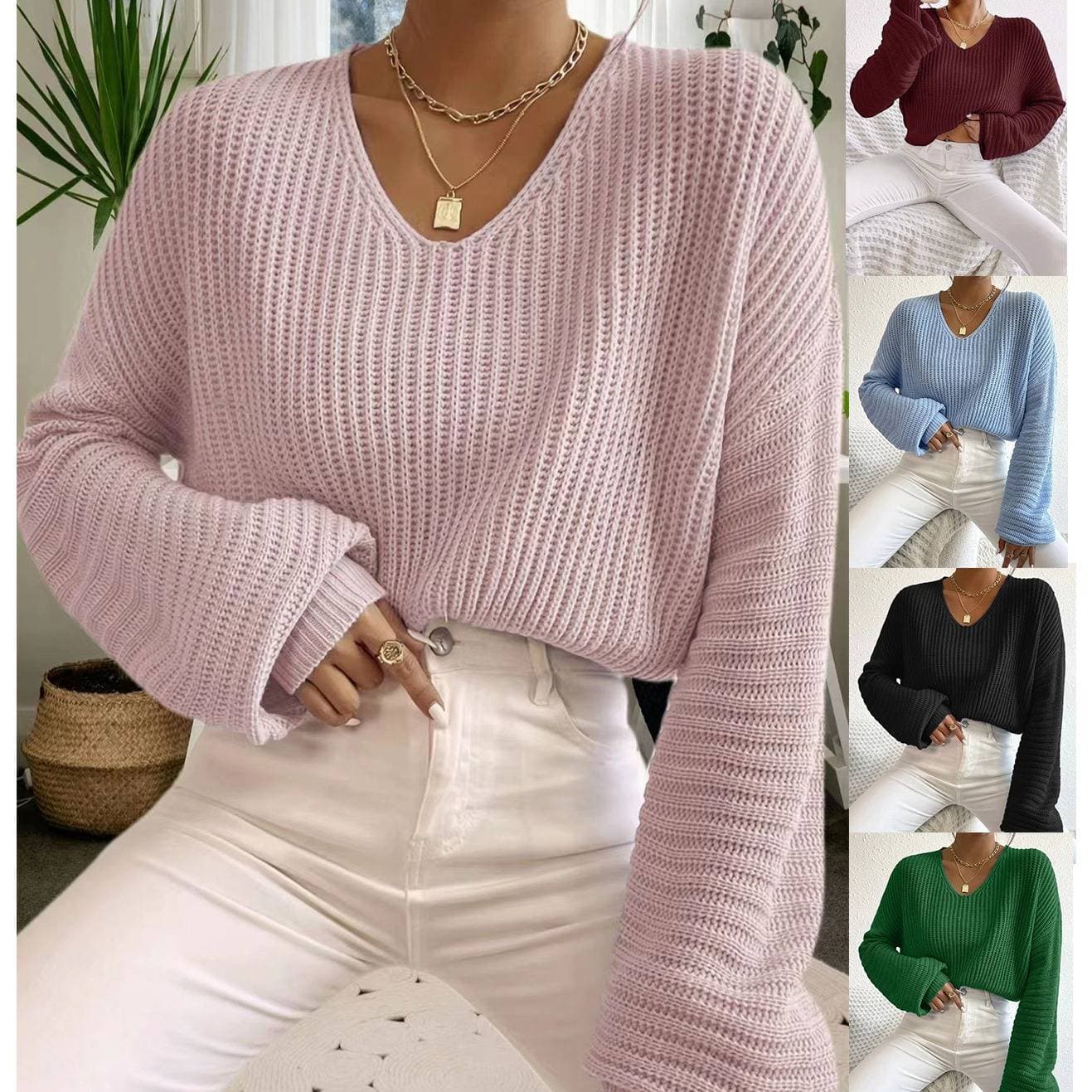 Women's Clothing V-neck lantern long sleeved pullover knitted sweater for women