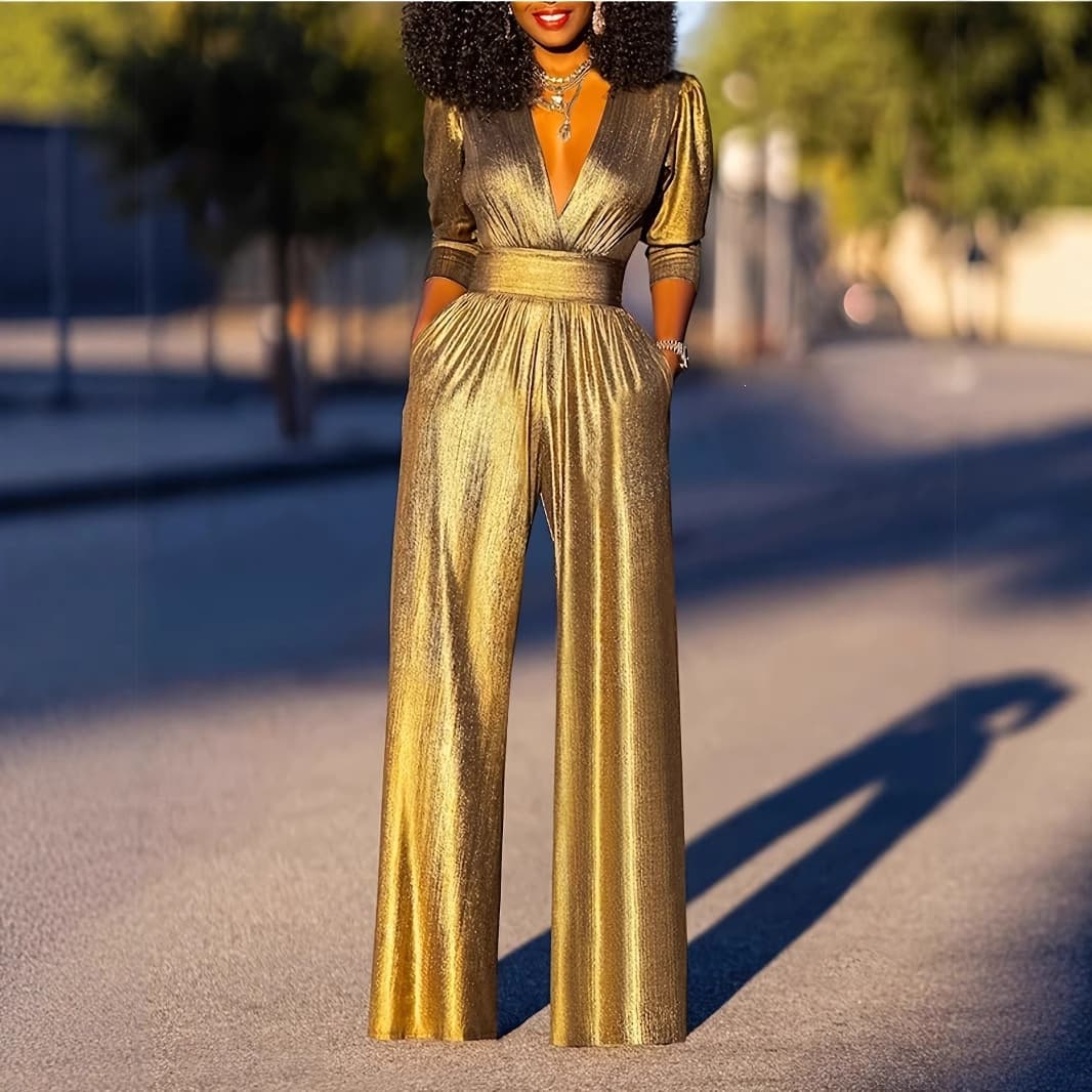 Metallic Gold Jumpsuit – Stretch V-Neck Wide Leg Romper With 7/8 Sleeves (S-2XL, High-Elastic Polyester, Evening & Casual Wear)​