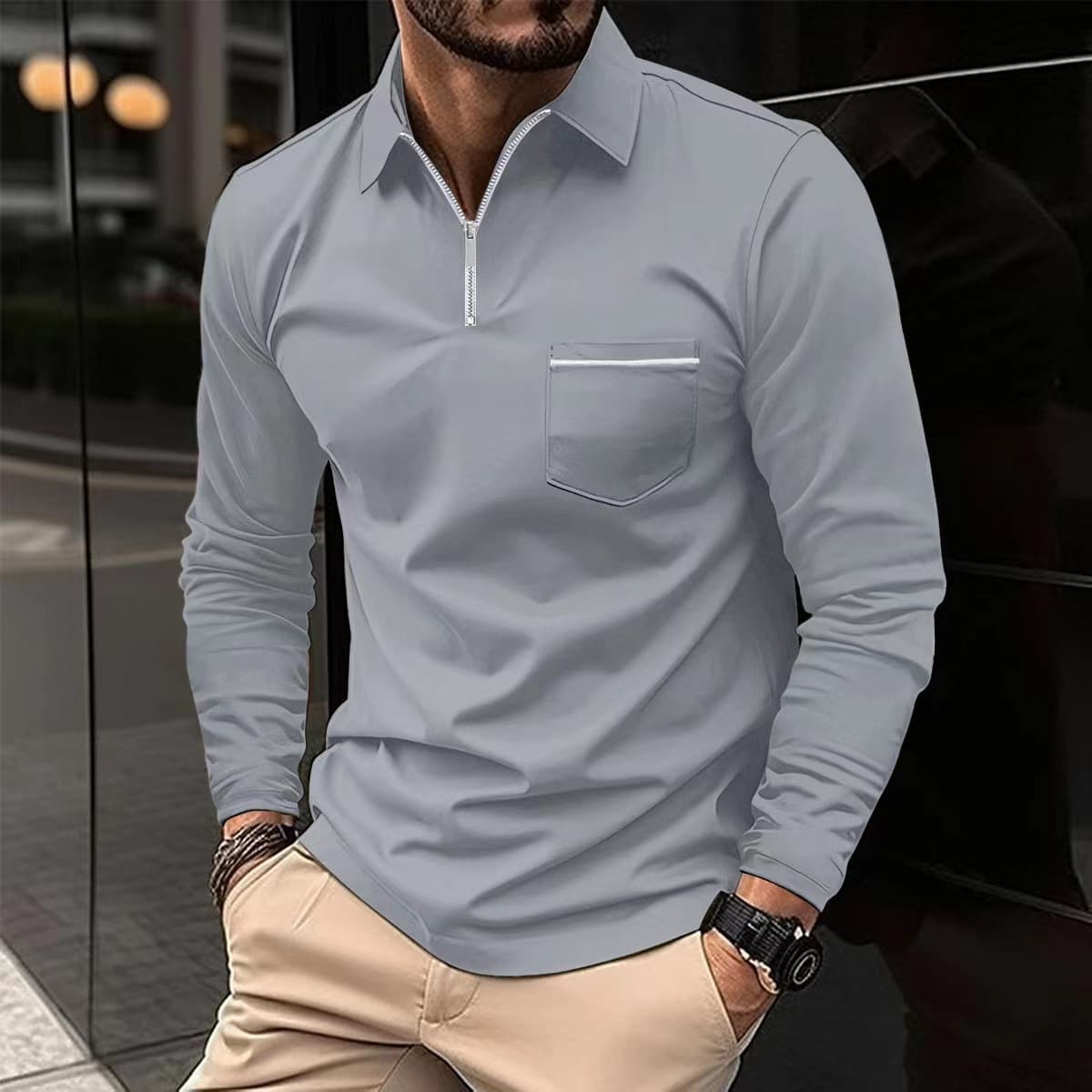 Men's Clothing Autumn Polo Shirt Zipper Pocket Men's Long Sleeved Sports Polo Shirt