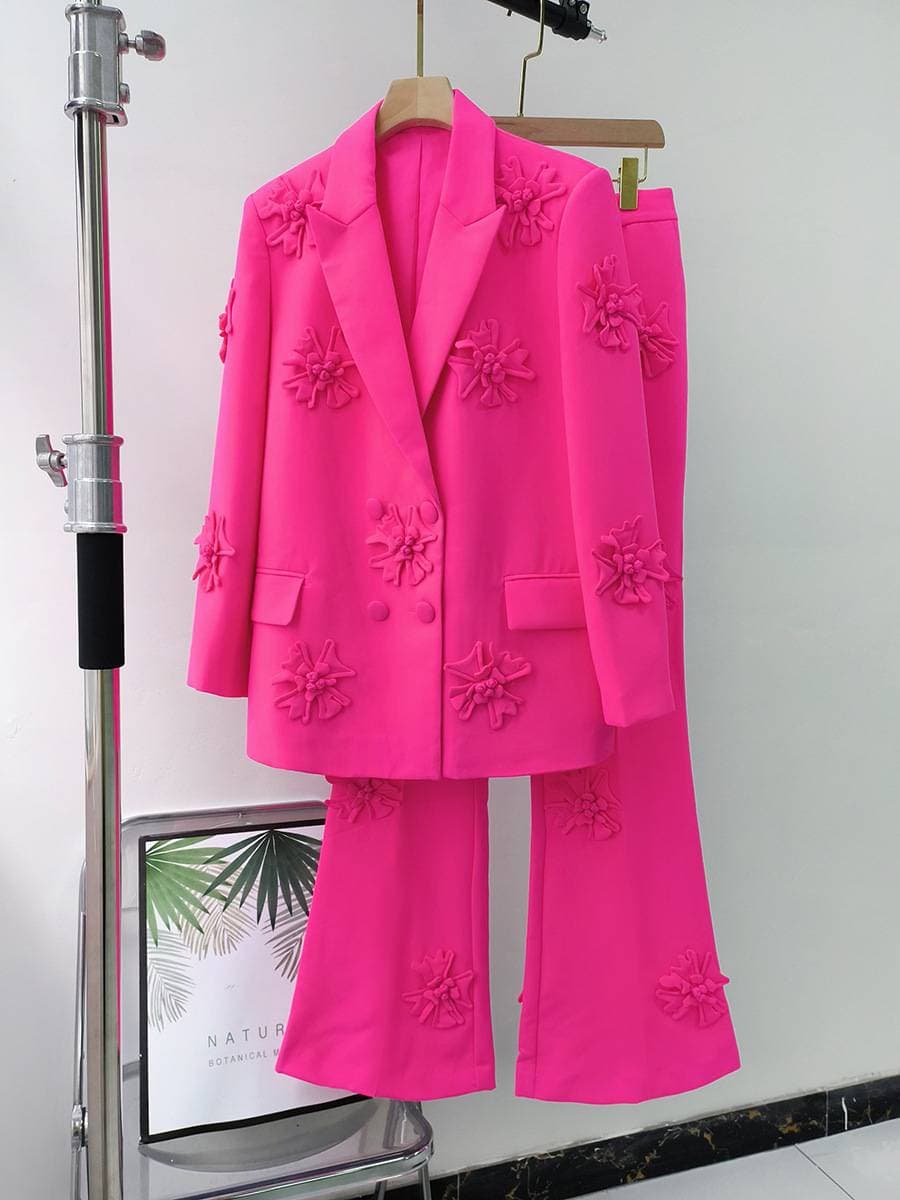 Women's Clothing pink suits and pants, celebrity style two-piece suitSuit collar long sleeve coat micro cropped pants -dimensional flower suit