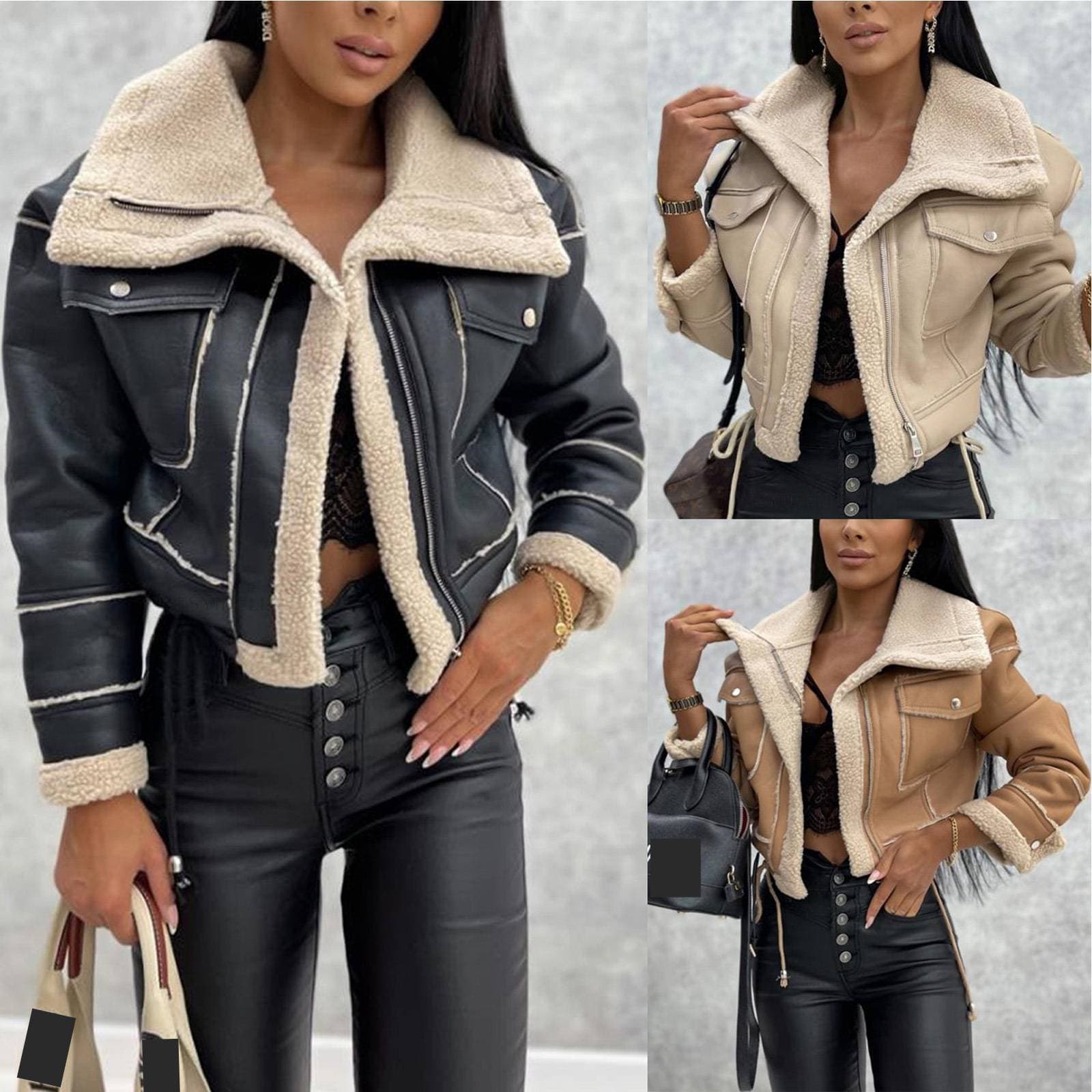 ​Women's Faux Leather Biker Jacket With Sherpa Lining, Short PU Jacket, Zip-Up Cropped Outerwear For Fall & Winter​
