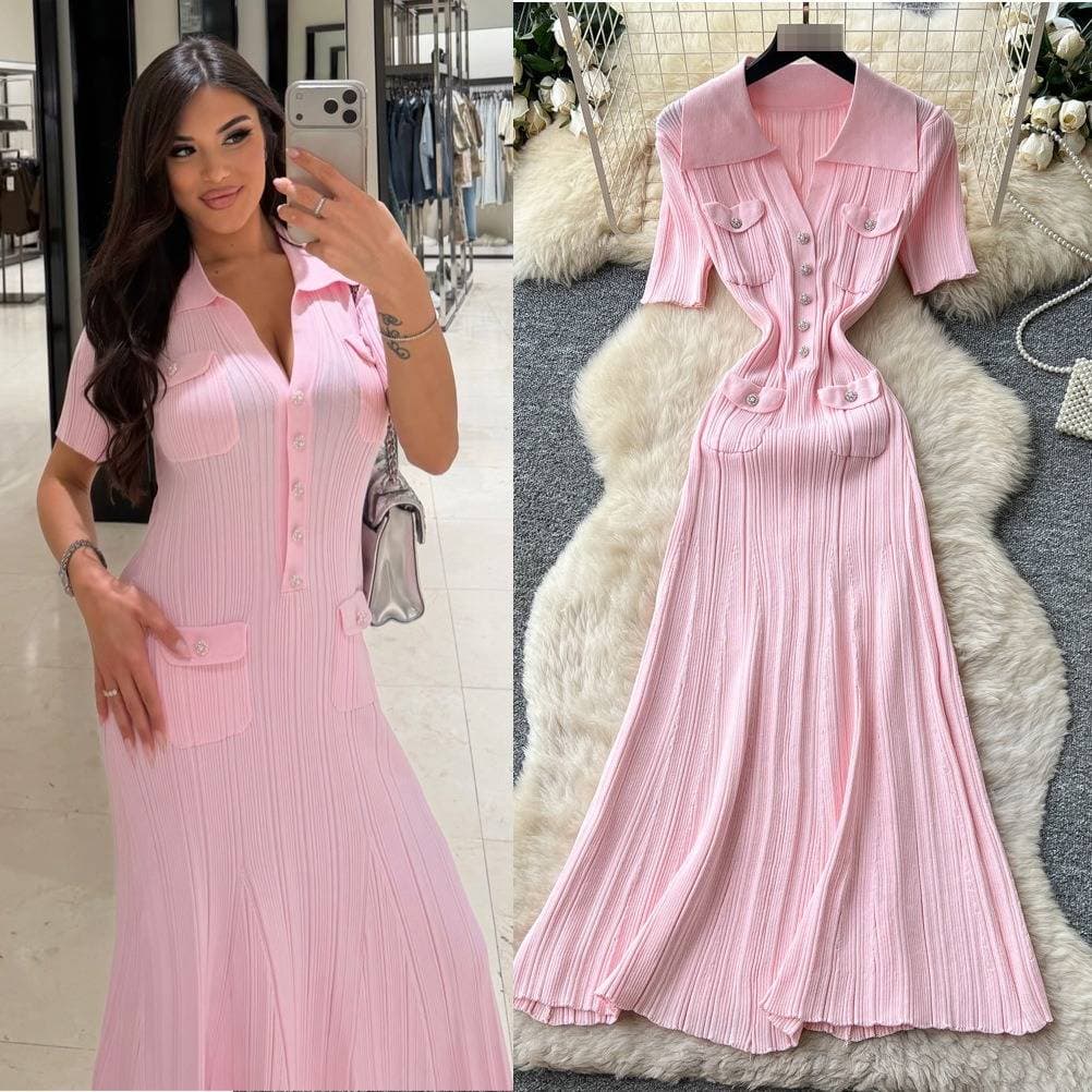 Korean Style Women's Pure Alluring Lapel Knitted Short Sleeve Dress Slim Fit Single Breasted Waist Defining Elegant Long Dress For Summer