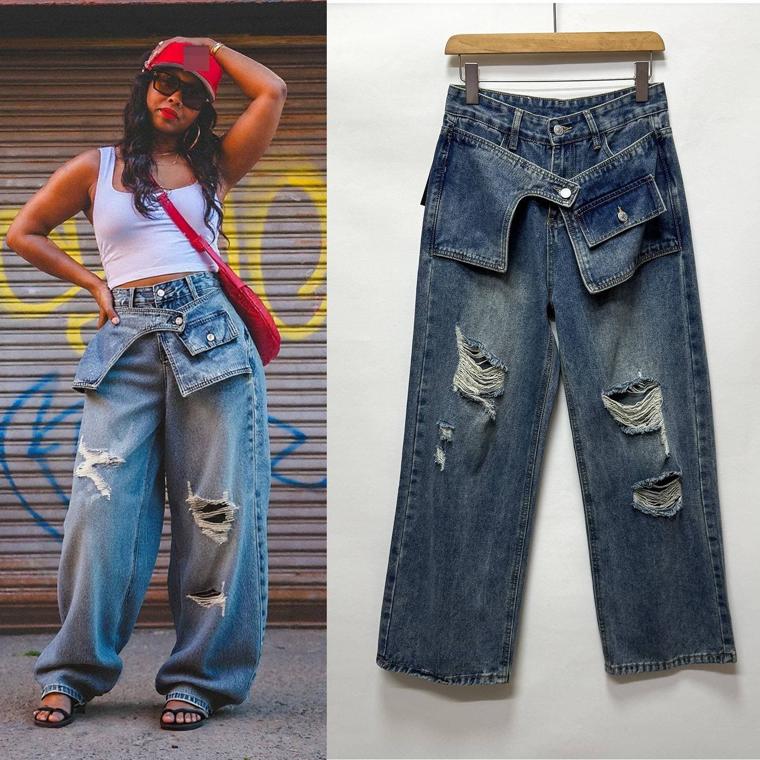 Women's Stacked Waist Distressed Straight Leg Jeans Blue Denim Casual Wide Leg Trousers Streetwear