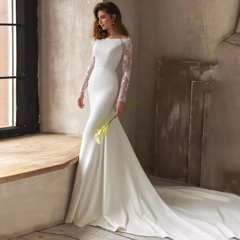 Women's Clothing Long Sleeved Wedding Dress, Forest Style, New Style, Simple U Neck, Slim Fishtail Style, Travel Photography, Small Tail