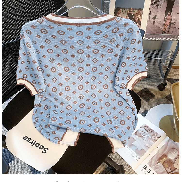 Women's Fashion Ice Silk Knitwear Short Sleeves With A T-shirt Fashionable Western Style Small Shirt Top