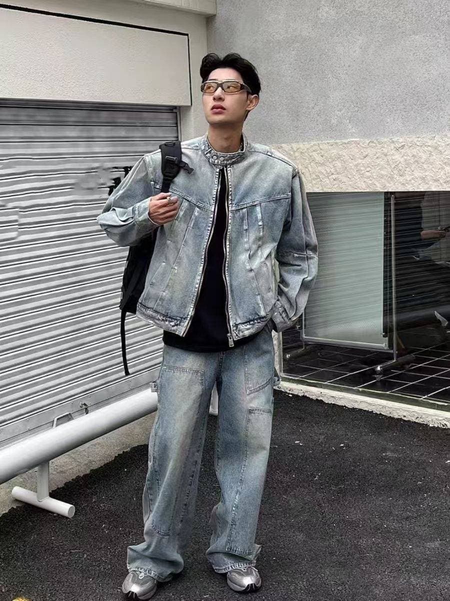 Men's Clothing Dopamine Pink Denim Jacket Coat Suit Men's Painted Pleated High Street Couple Trendy Two Piece Suit