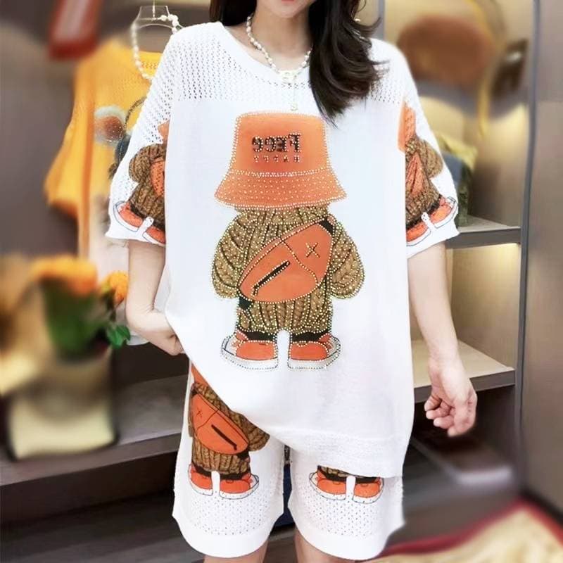 Women's Fashion Cartoon Hat Bear Hot Drill Jacket Two-piece Set