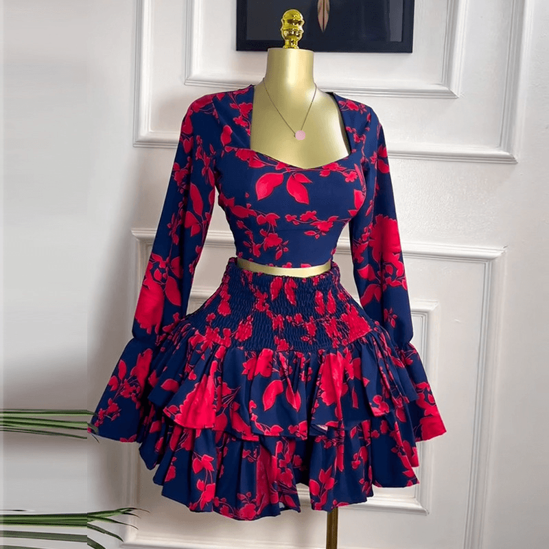 Women's Clothing Sweet And Fresh Printed Square Collar Long Sleeved Shirt High Waist Ruffled Skirt Two Piece Suit