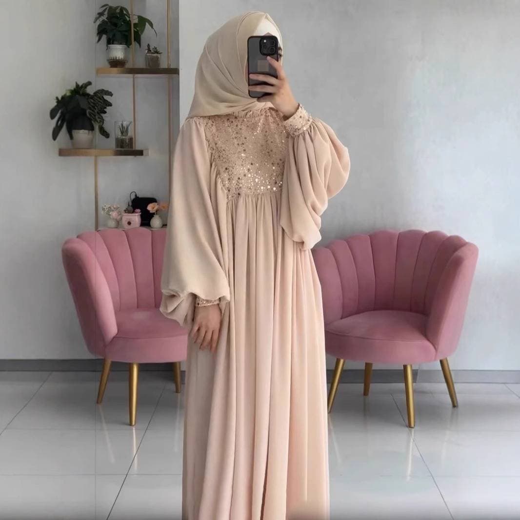 Modest Abaya Dress Elegant Palace-Style Long Dress With Sequins And Beaded Embellishments – A-Line V-Neck Formal Evening Gown​