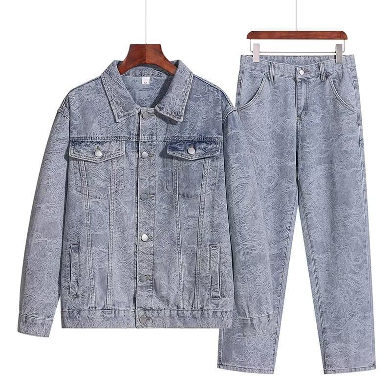 Men's Clothing Old Retro Washed Denim Suit Loose Jacket Coat Casual Two Piece Suit Trendy