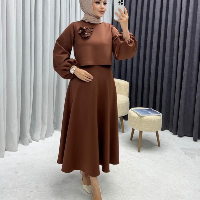 Women's Clothing Fashion Loose Lantern Long Sleeved Flower Top Dress Women's Skirt Two Piece Set