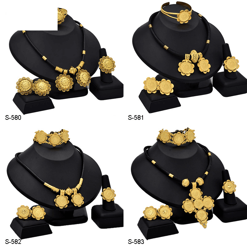 Gold jewelry set 4-piece black rope long necklace pendant Coin bridal jewelry