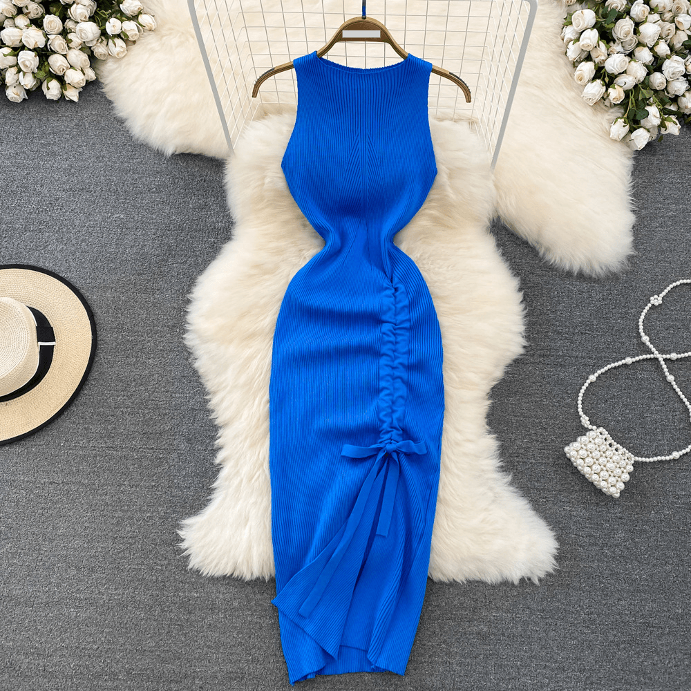 Women's Clothing Retro temperament vest dress high-end waist slimming pleated drawstring mid-length bottom hip knitted dress