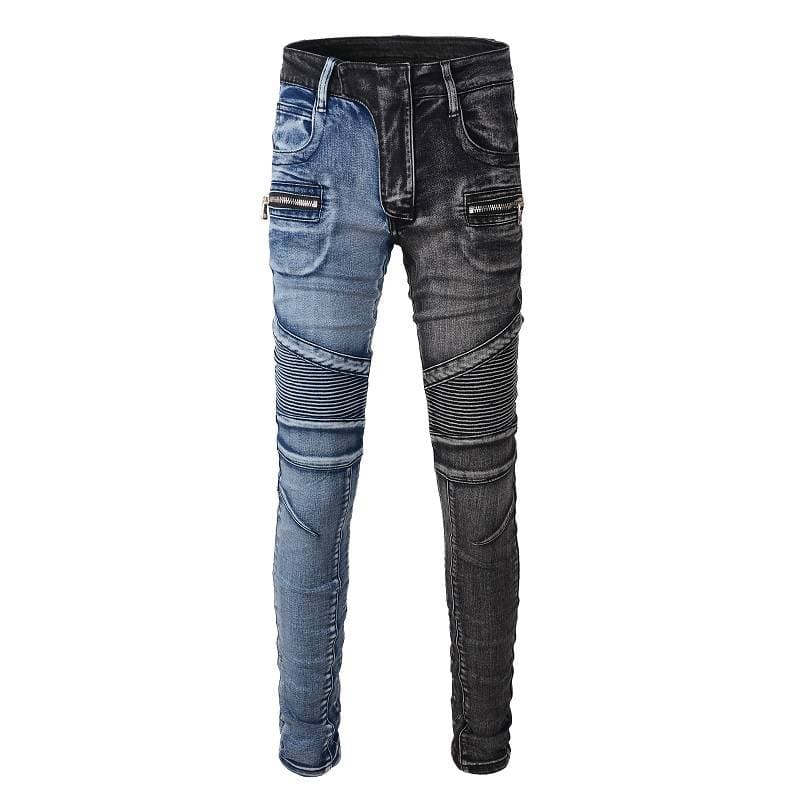 skinny zipper stacked denim pants men Multi pocket ripped wash distressed trousers biker hip hop black blue patchwork men designers jeans