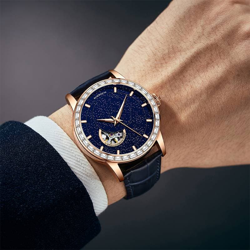 Infinite Universe Series-Blue Luminous Waterproof Dial Genuine Leather Strap Men's Casual Mechanical Watch
