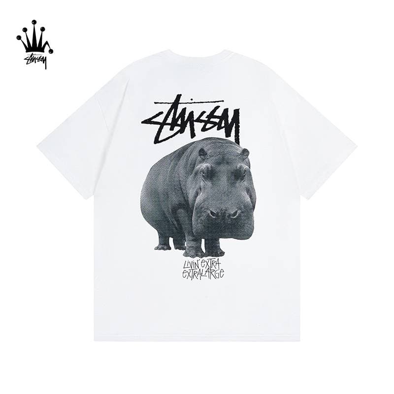 Stussy Animal Hippopotamus Print Pattern Pure Cotton Short Sleeved T-shirt