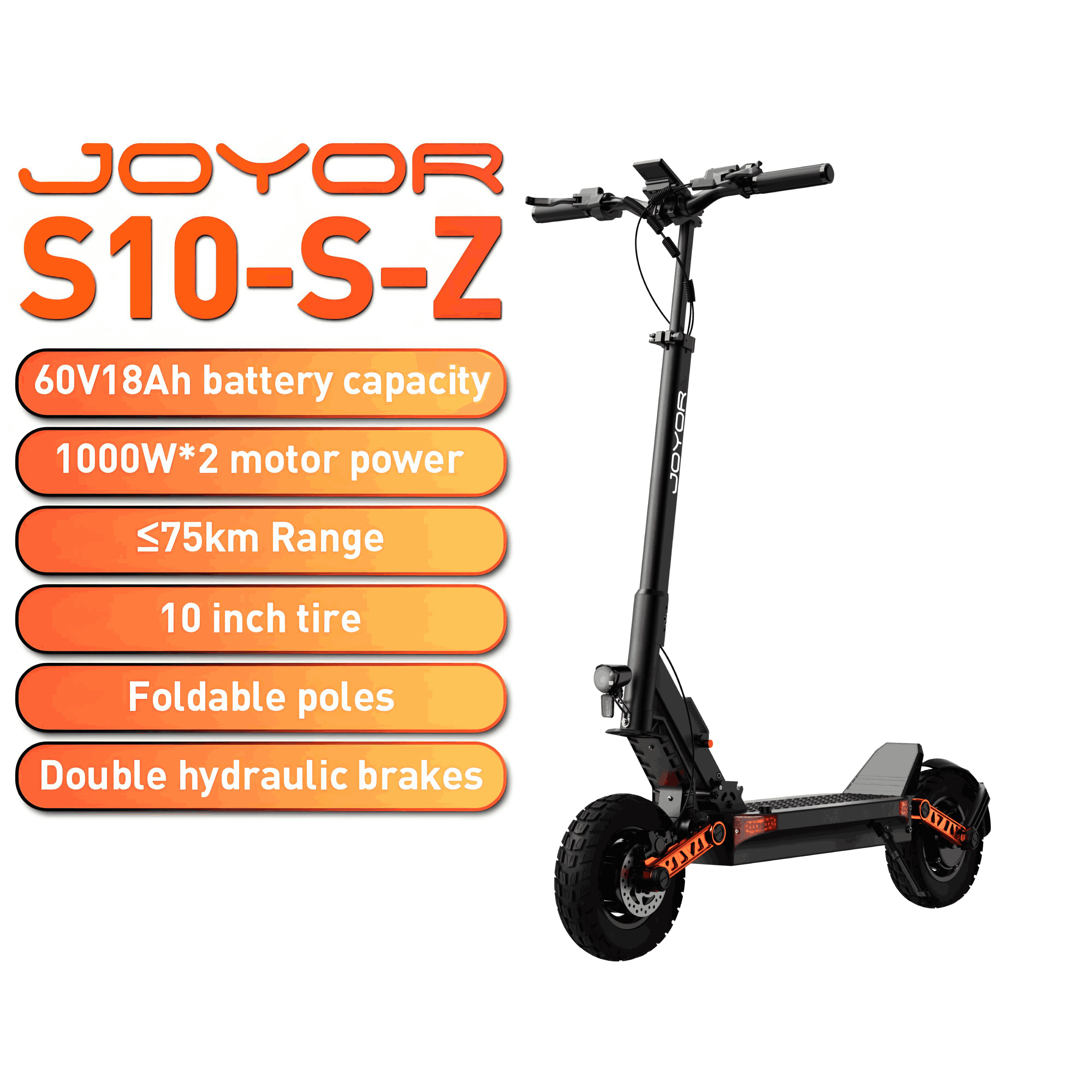 JOYOR S10-S-Z Folding Electric Scooter 1000W*2 Dual Motors 60V18AH High-capacity Battery 10*3.0 Widen Tires 75Km Max Range Off-road E-scooter