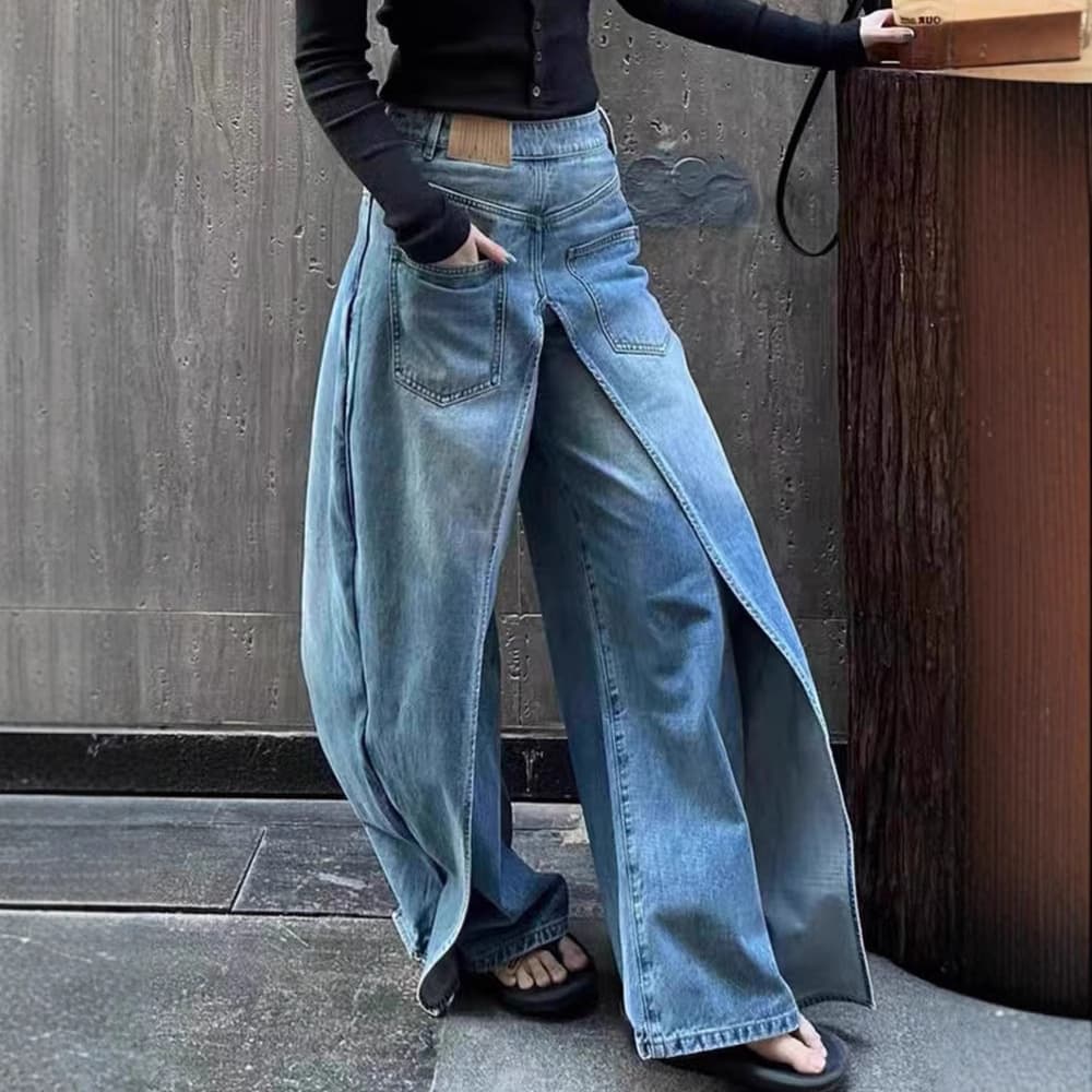 Women's Clothing Retro Deconstruction Style Reversible Jeans Y2k High Street Design Lengthened Casual Wide Leg Pants