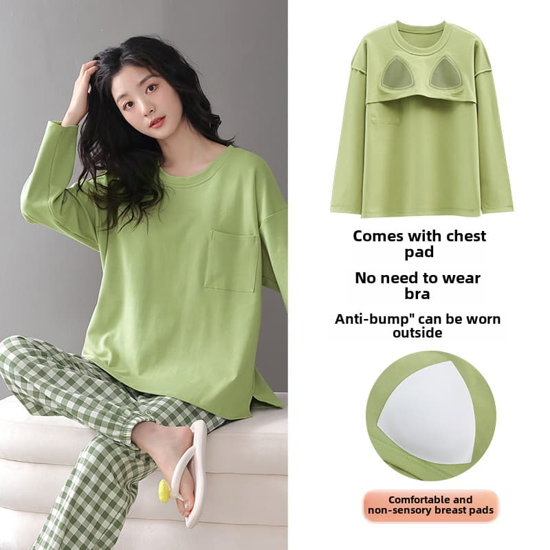 Pajamas women's spring and autumn women's winter 2023 new cotton long sleeve women's Matcha green home wear with chest pad