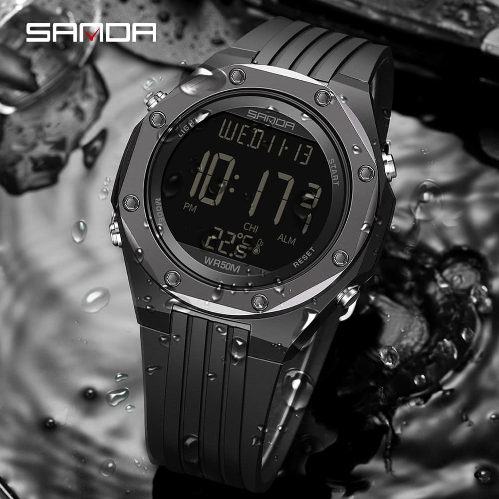 SANDA New Fashion Men's Watch Temperature Monitor 50M Waterproof Outdoor Sports Watch LED Electronic Watch