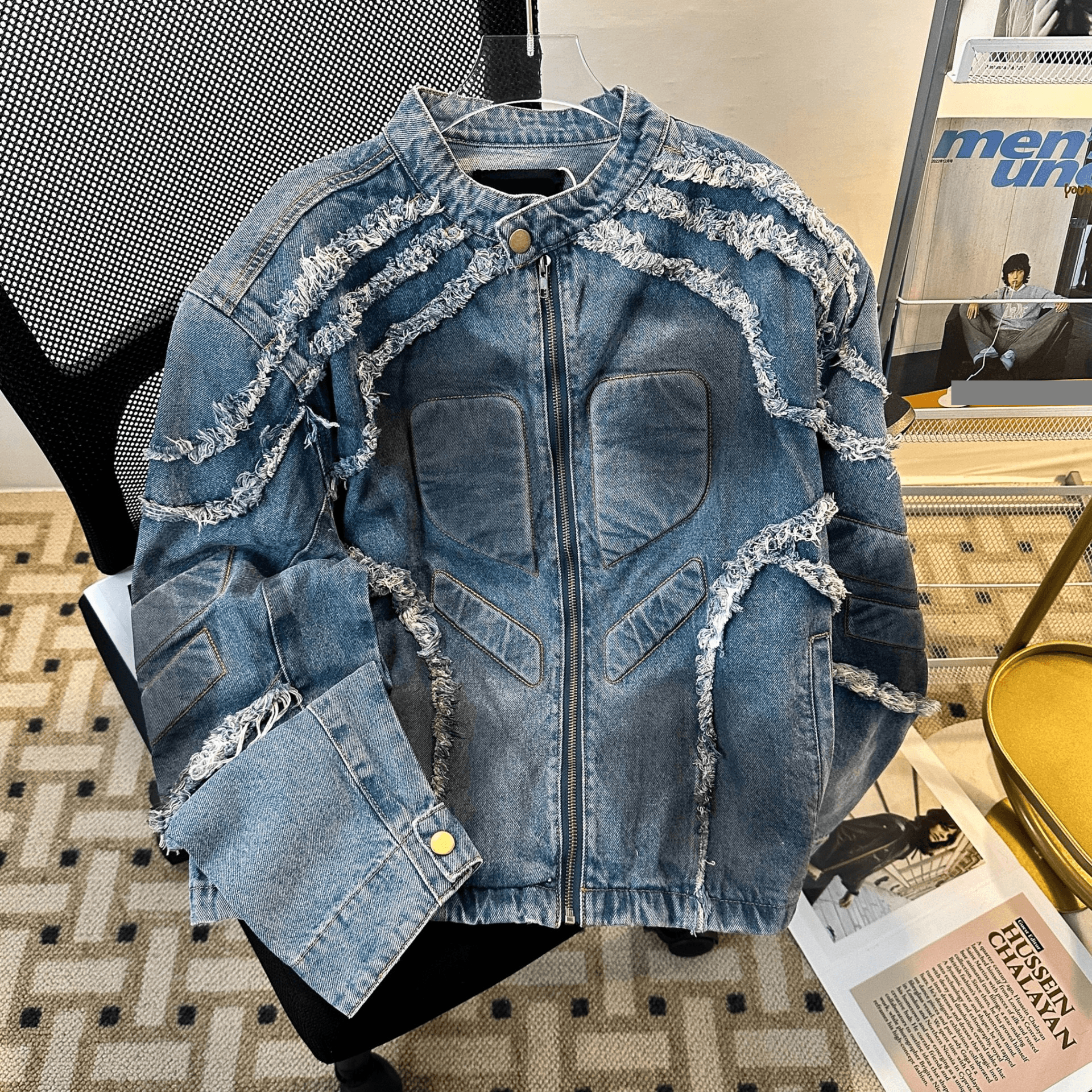 Men's Clothing Spring And Autumn American Retro Old Concave And Convex Embossed Shoulder Pad Denim Jacket For Boys Raw Edge Washed Dirty Dyed Coat