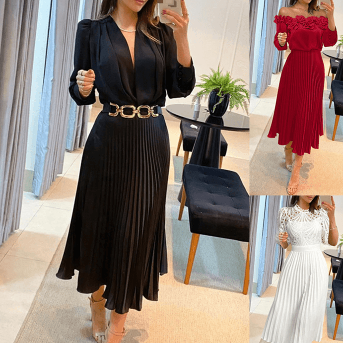 Women's Clothing Series Temperament Women's Black Satin Long Sleeve Deep V Waist Pleated Dress No Belt