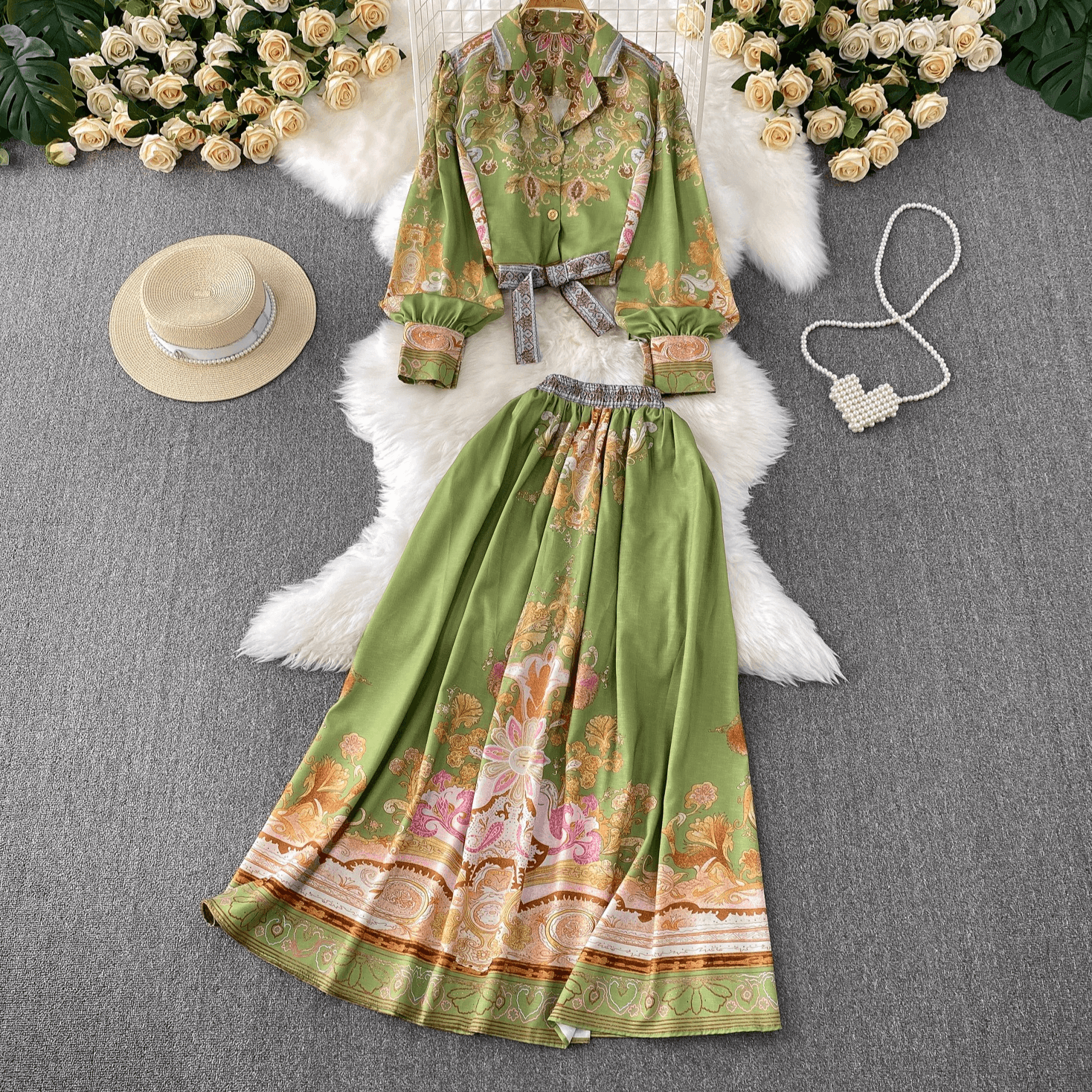 Women's Clothing New Fashion Casual Printed Suit Collar Long Sleeved Shirt + High Waist Slim Swing Skirt Two Piece Suit