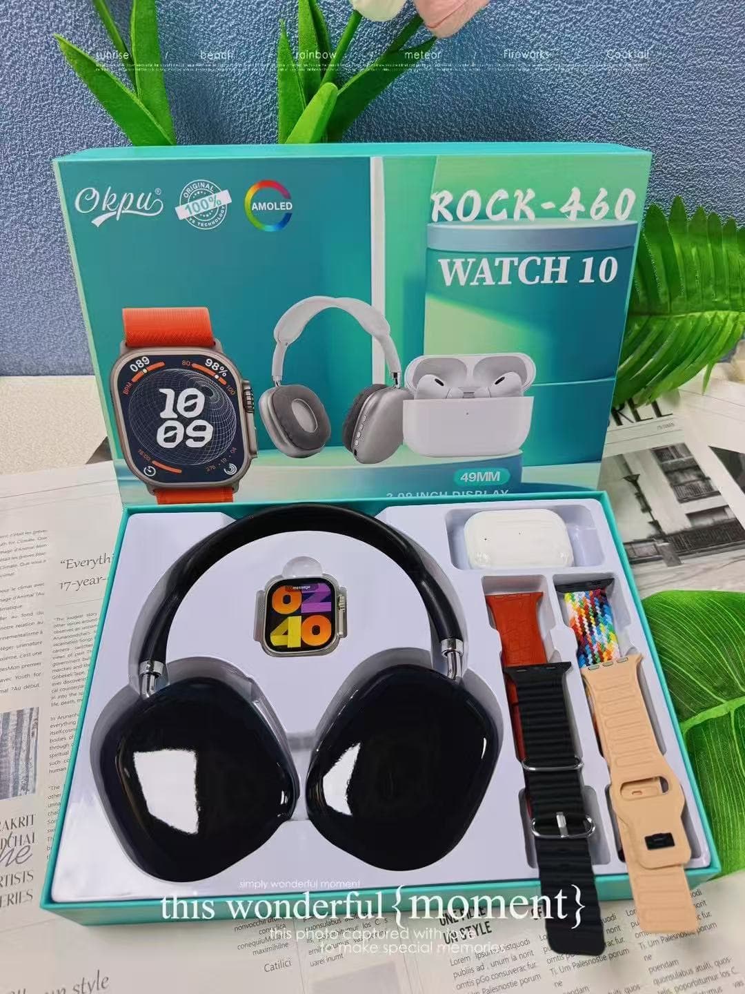 Montre connectée Ultra, écouteurs et casque Bluetooth, étui à sangles 4 pièces