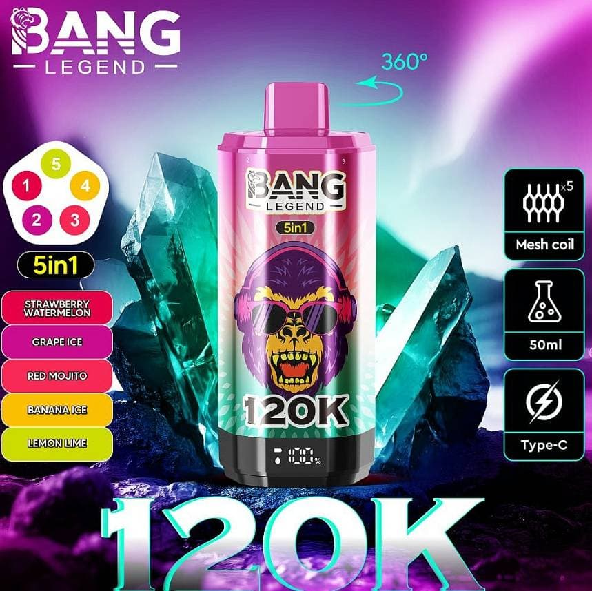 1 cigarette électronique jetable Bang Legend 120 000 bouffées, résistance Mesh 120k, affichage LED, 5 saveurs en 1 réglables, 2 % de nicotine