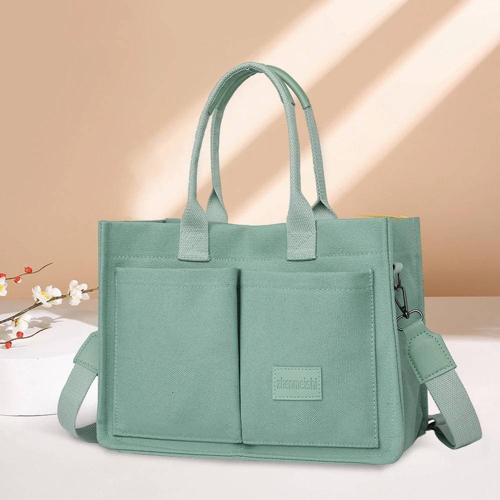 Women Retro Top Handle Bag Solid Color Canvas Stylish Crossbody Bag Adjustable Strap Multi Pockets Square Commuting Bag