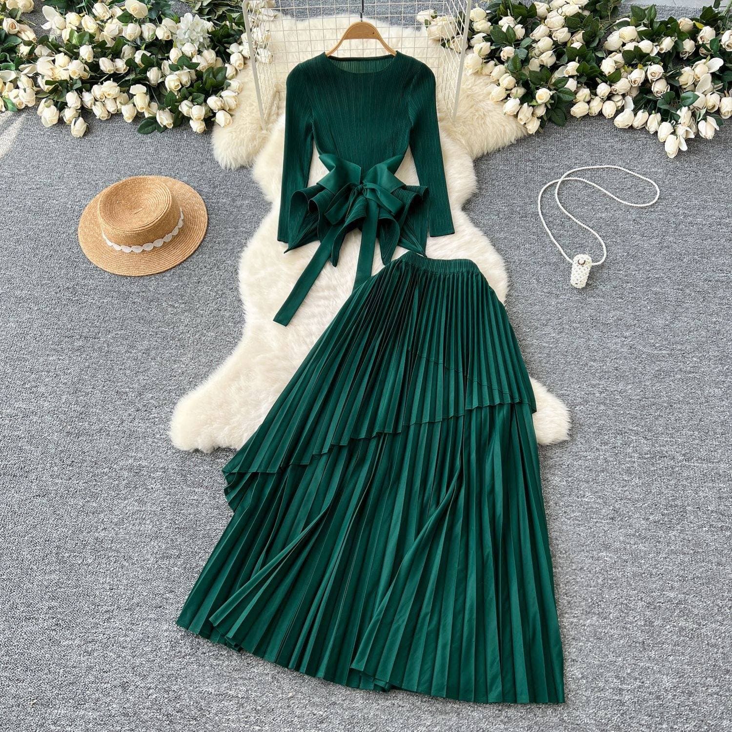 Women's Clothing Pleated Tie Waist Irregular Hem Pleated Top Pleated Skirt Suit For Women