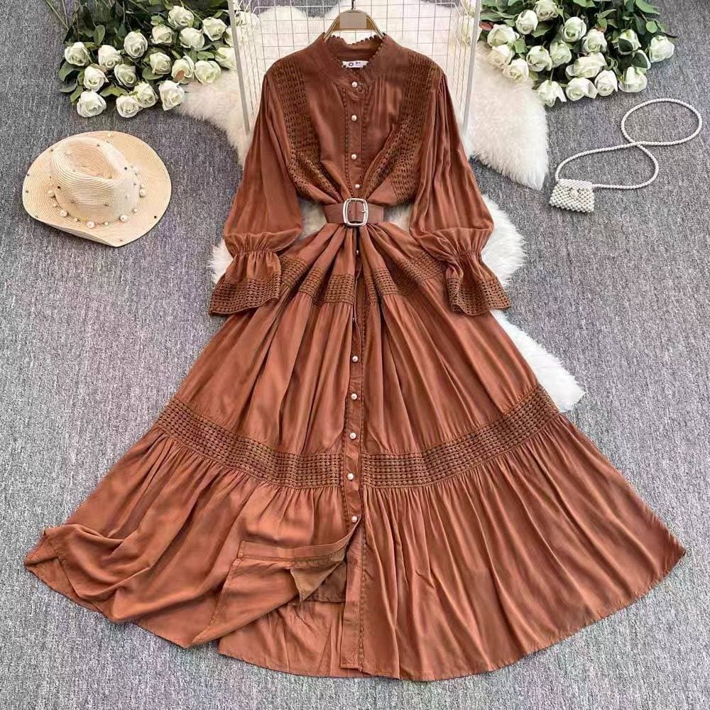 Victorian-Inspired Lace Trim Dress – High Neck Elegant Midi Dress With Flared Sleeves & A-Line Silhouette (5 Colors, One-Size Fits Most)