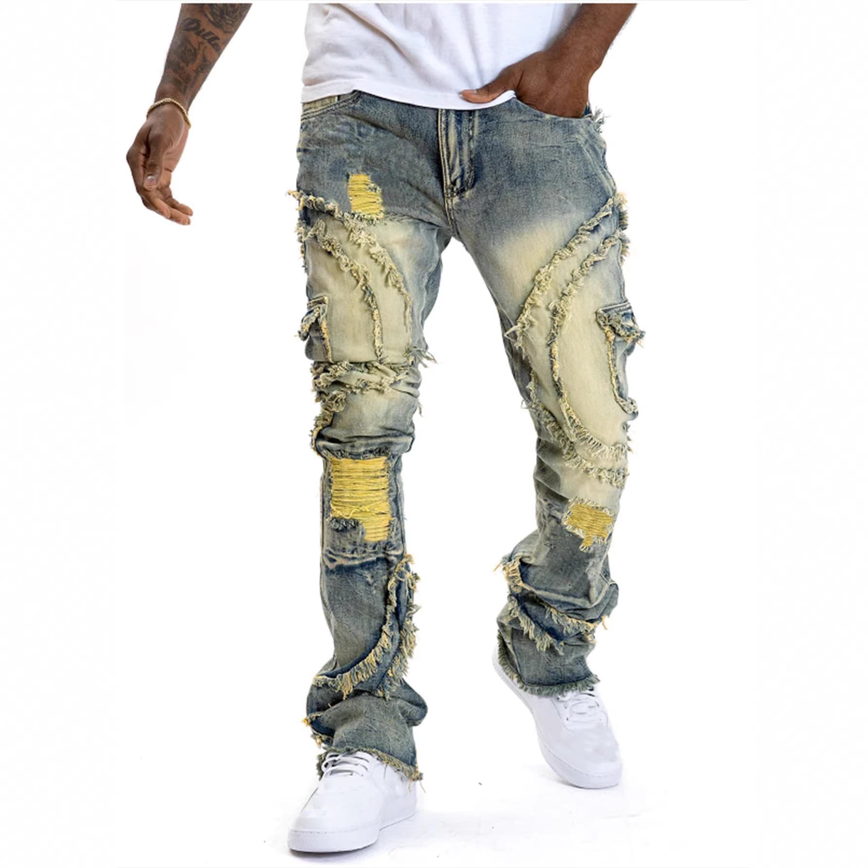 Men's Distressed Flared Jeans – Stretch Denim With Fringe Hem (S-Xxl, Vintage Wash, High Waist, 70% Cotton)