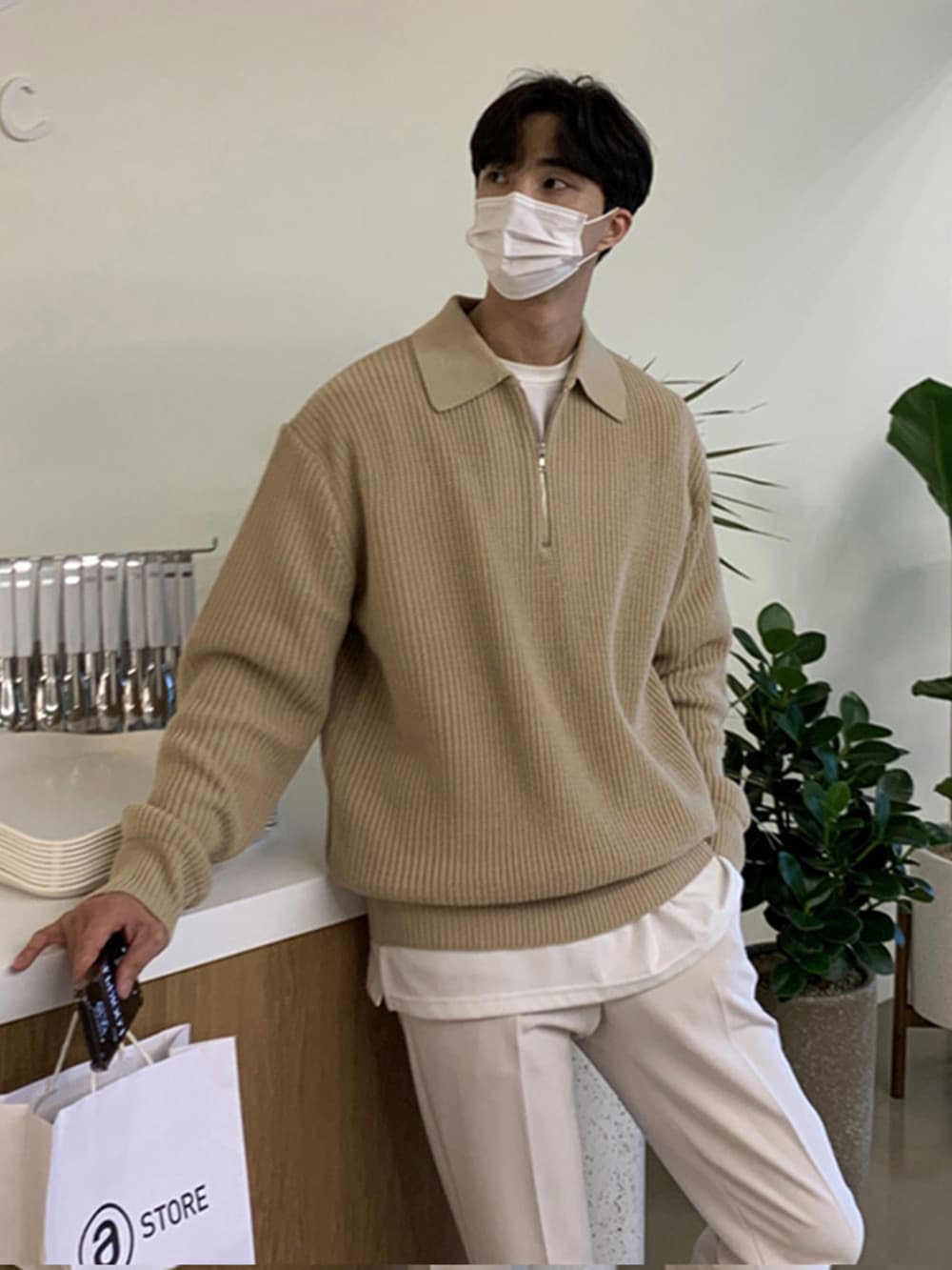 Zippered Men's Lapel Korean Version Casual Long Sleeved Solid Color Knitted Sweater Top Coat Trendy