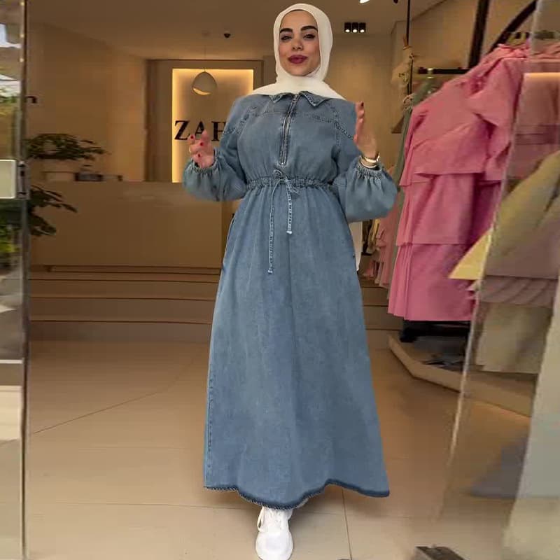 Modest Abaya Dress/Muslim Dress Women Oversized Denim Shirt Dress With Polo Collar & Belted Waist – Loose Fit Maxi Dress For Casual & Elegant Style