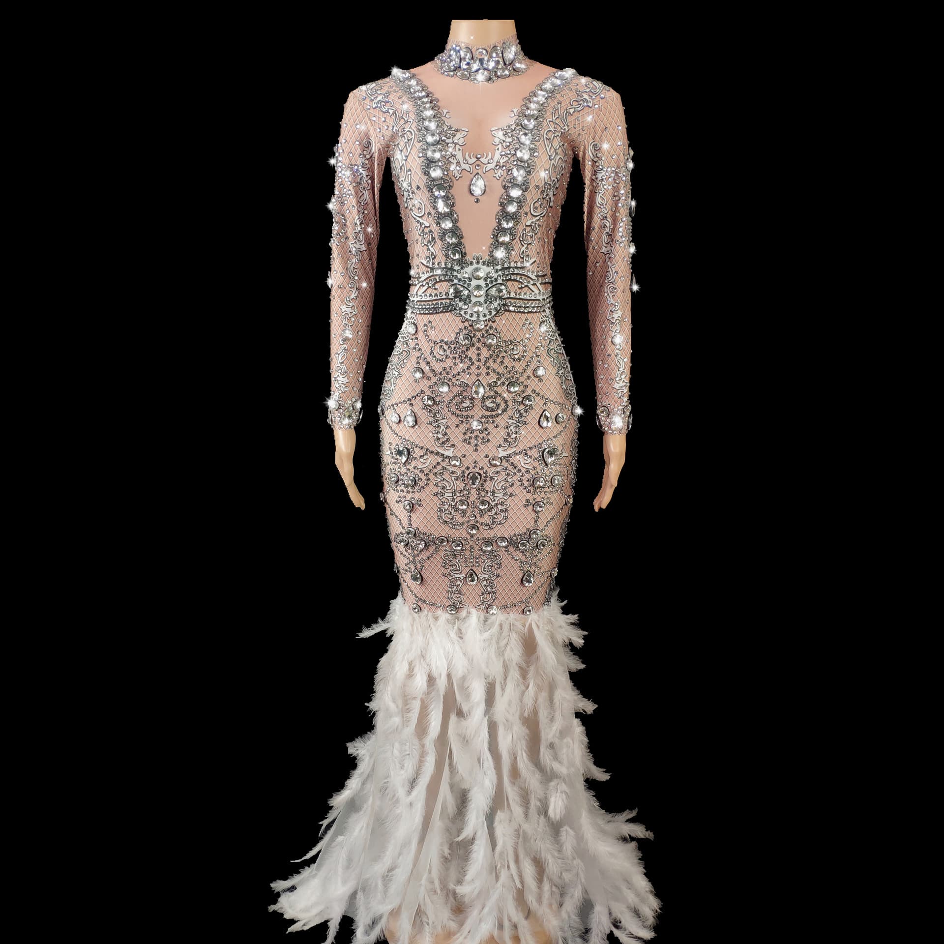 Women's shiny rhinestone feather birthday party evening dress photography photo clothing for women