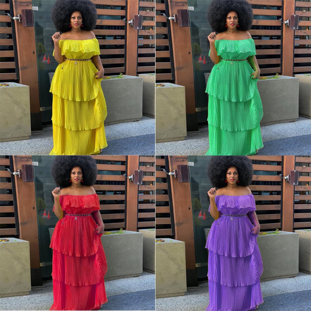 Women's yellow chiffon one-shoulder backless slim-fit beach holiday pleated long skirt dress