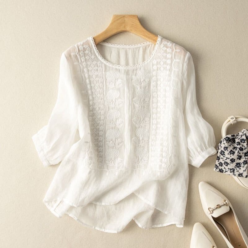 Women's Clothing Cotton and linen short sleeve literary and vintage embroidery top feminine temperament breathable T-shirt round neck shirt