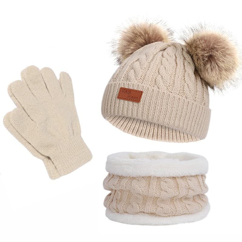 Children's autumn winter set, knitted yarn neck cover, warm baby hat and scarf two-piece set with added velvet