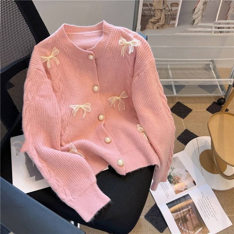 Women's Clothing Sweet style bow knitted jacket for women in early autumn, high grade soft waxy sweater, chic Korean style pearl button cardigan