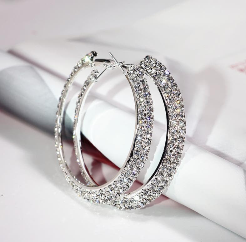 Women Jewelry 18K Gold/Platinum Plated 6.5CM/7CM Hoop Earring Elegant Tow-Rows Bling Austrian Crystal Fashion Costume Trendy Big Earring Jewelry