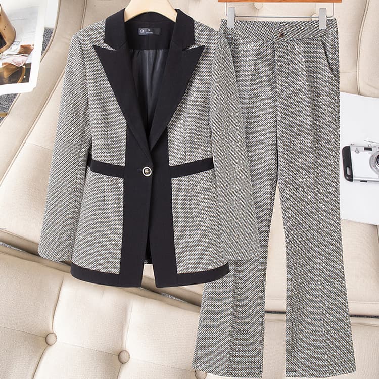 Women's Clothing high-end slim slimming heavy work sequins professional Plaid color matching suit