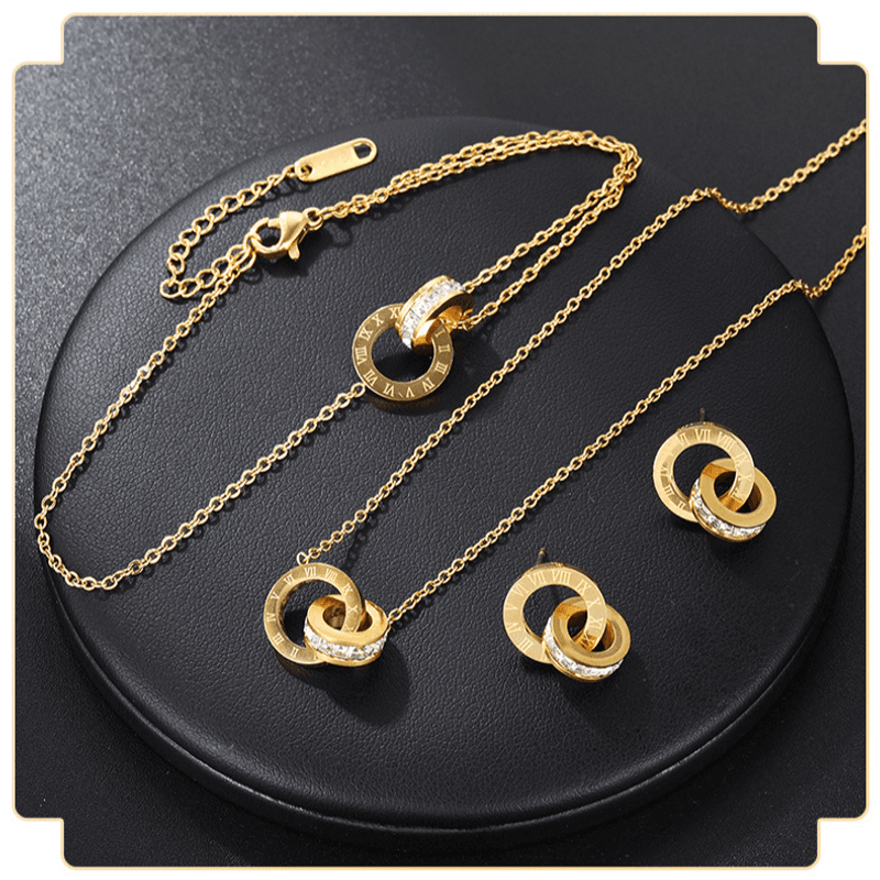 Fashion Roman Micro Dia Double Ring Bracelet Simple Light Niche Design Clavicle Chain Earrings Set