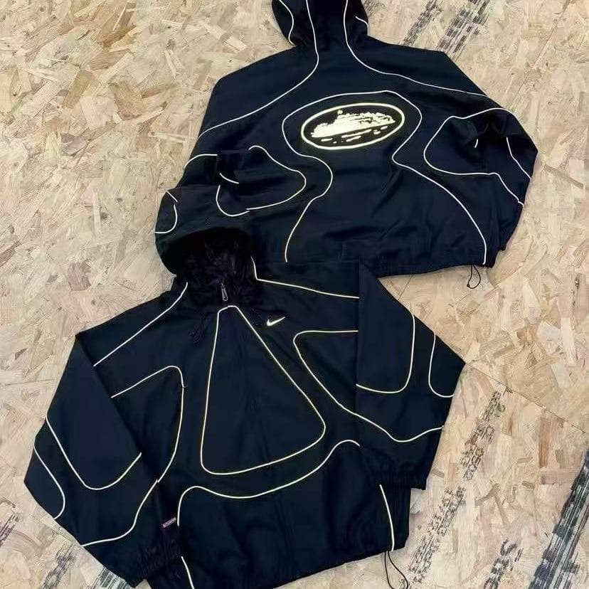 Veste à capuche, tenue tendance printemps-automne, ensemble unisexe imperméable à rayures réfléchissantes