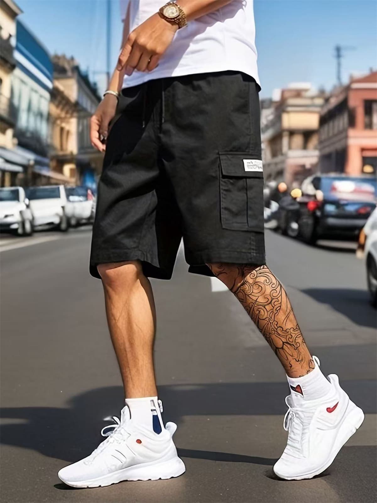 Men's Summer Thin Casual Hip Hop Pants Trendy Brand Quick-Drying Loose Pocket Elastic Waist Drawstring Cargo Shorts