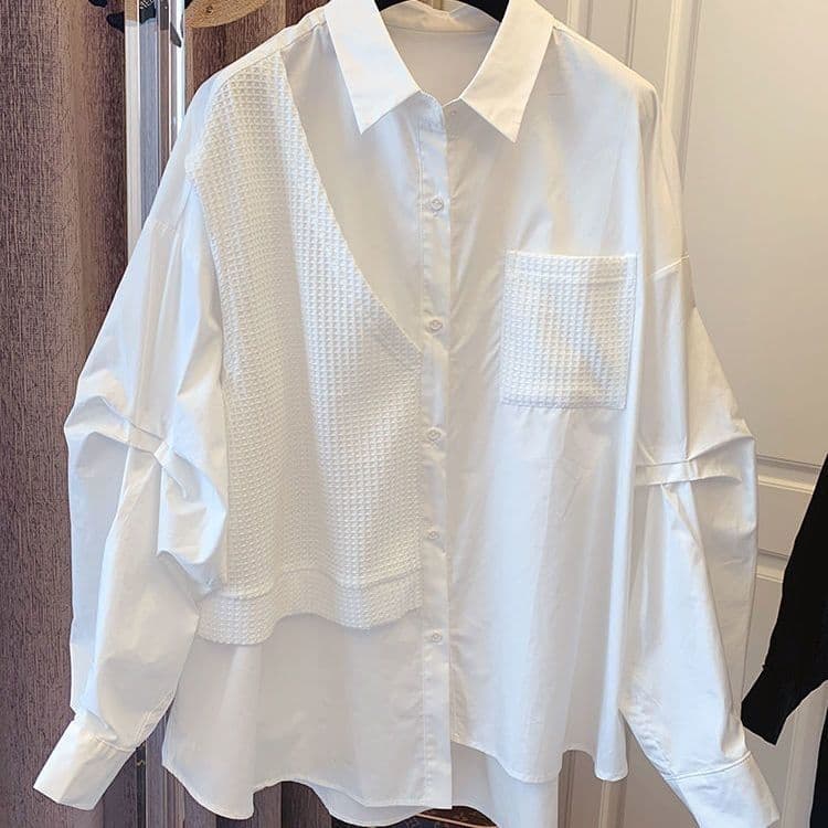Women's Clothing Spliced two piece irregular niche design loose casual retro white shirt for women trendy