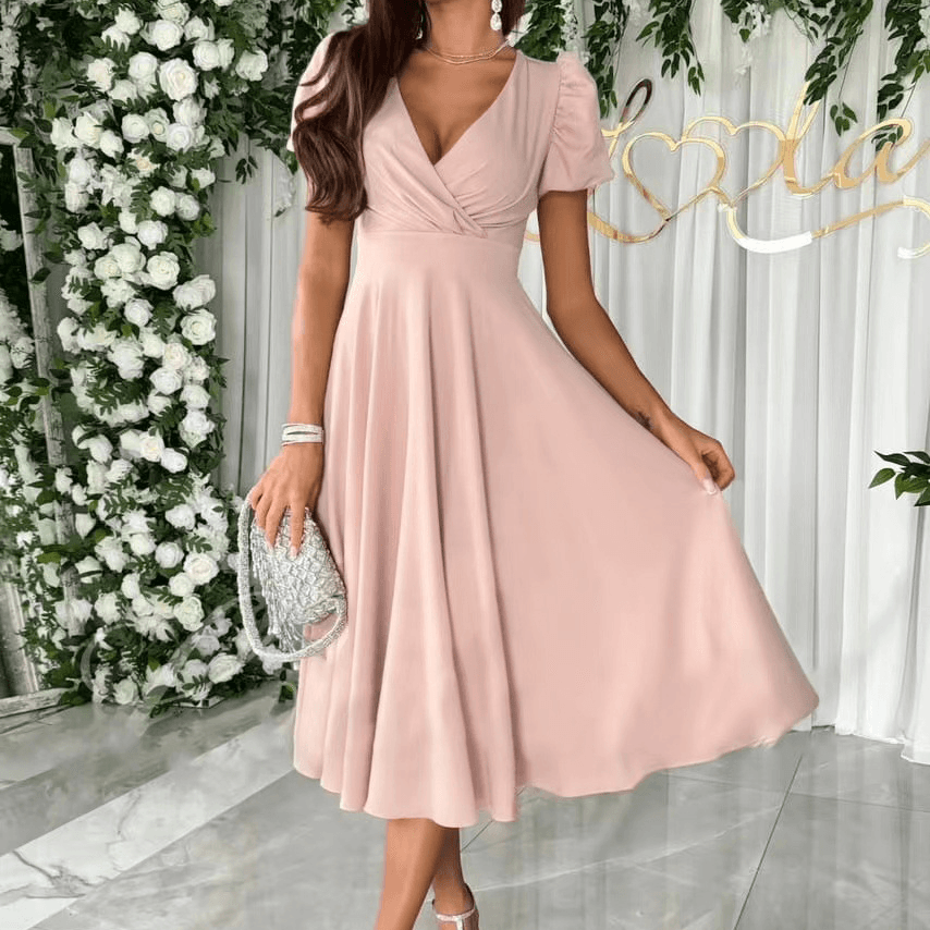 Women's New Commuter Solid Color V-Neck Waist Puff Sleeve Long Swing Short Sleeve Dress
