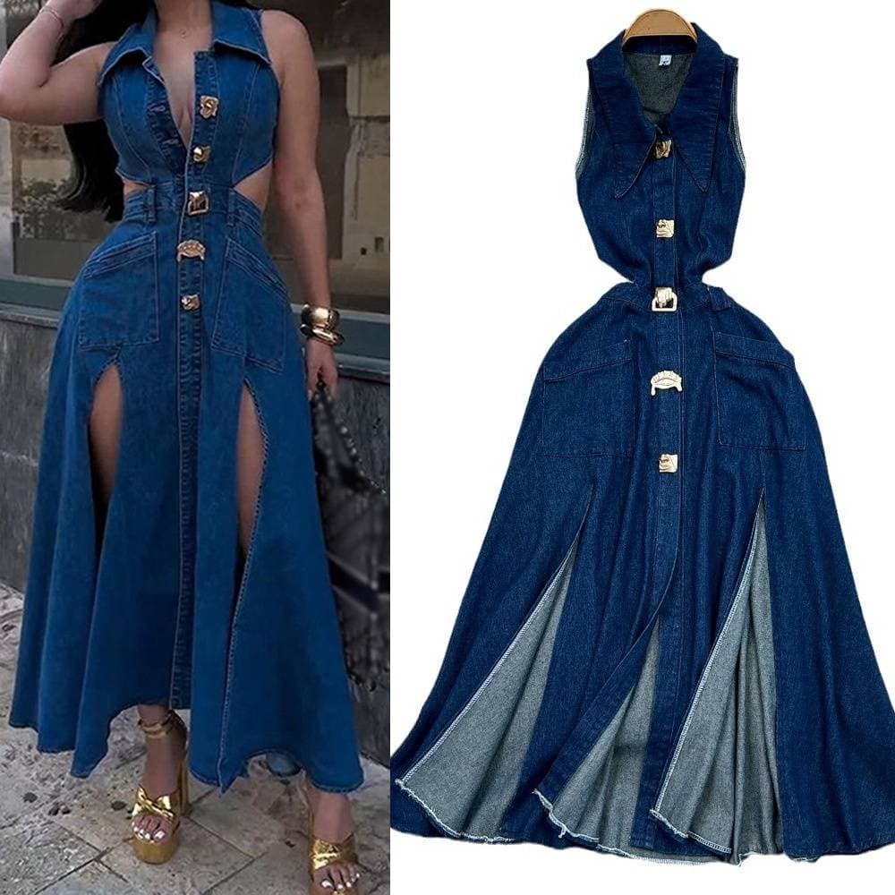 Women's Clothing Retro Lapel Hollow Waist Exposed Waist Slimming Sleeveless Single Breasted A Line Slit Denim Dress Casual Long Skirt