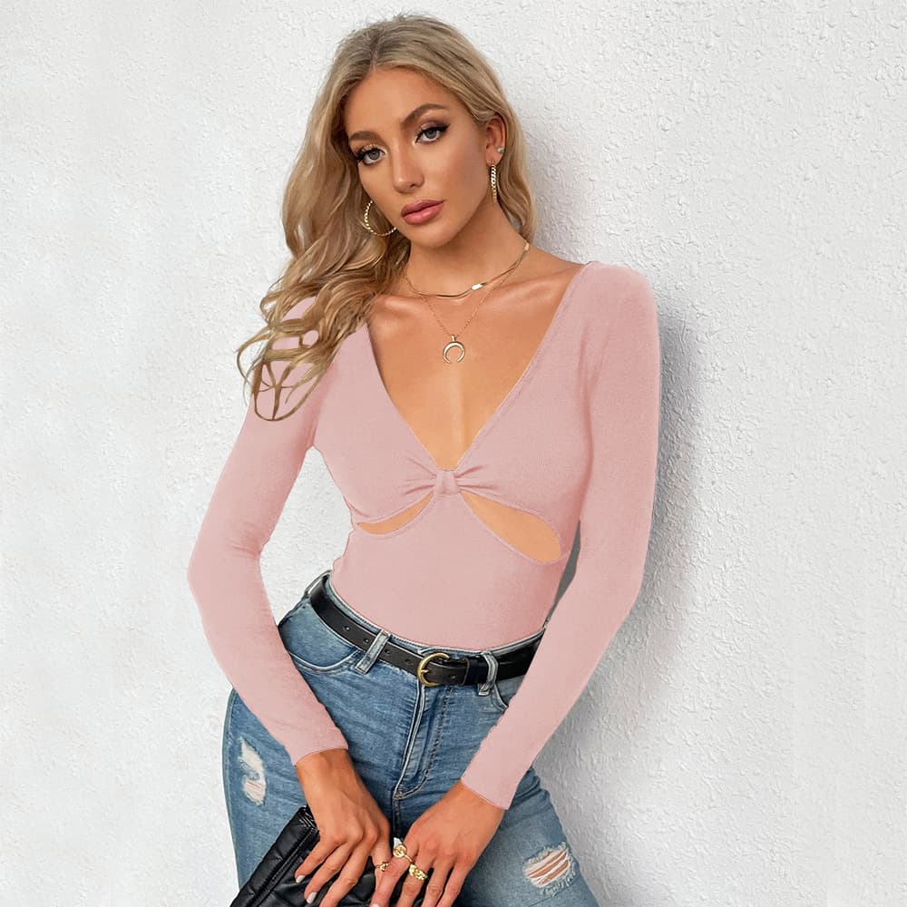 2023 Spring/Summer New Women's Sexy V-neck Hollow Fit Knitted Long Sleeve T-shirt Top Bottom